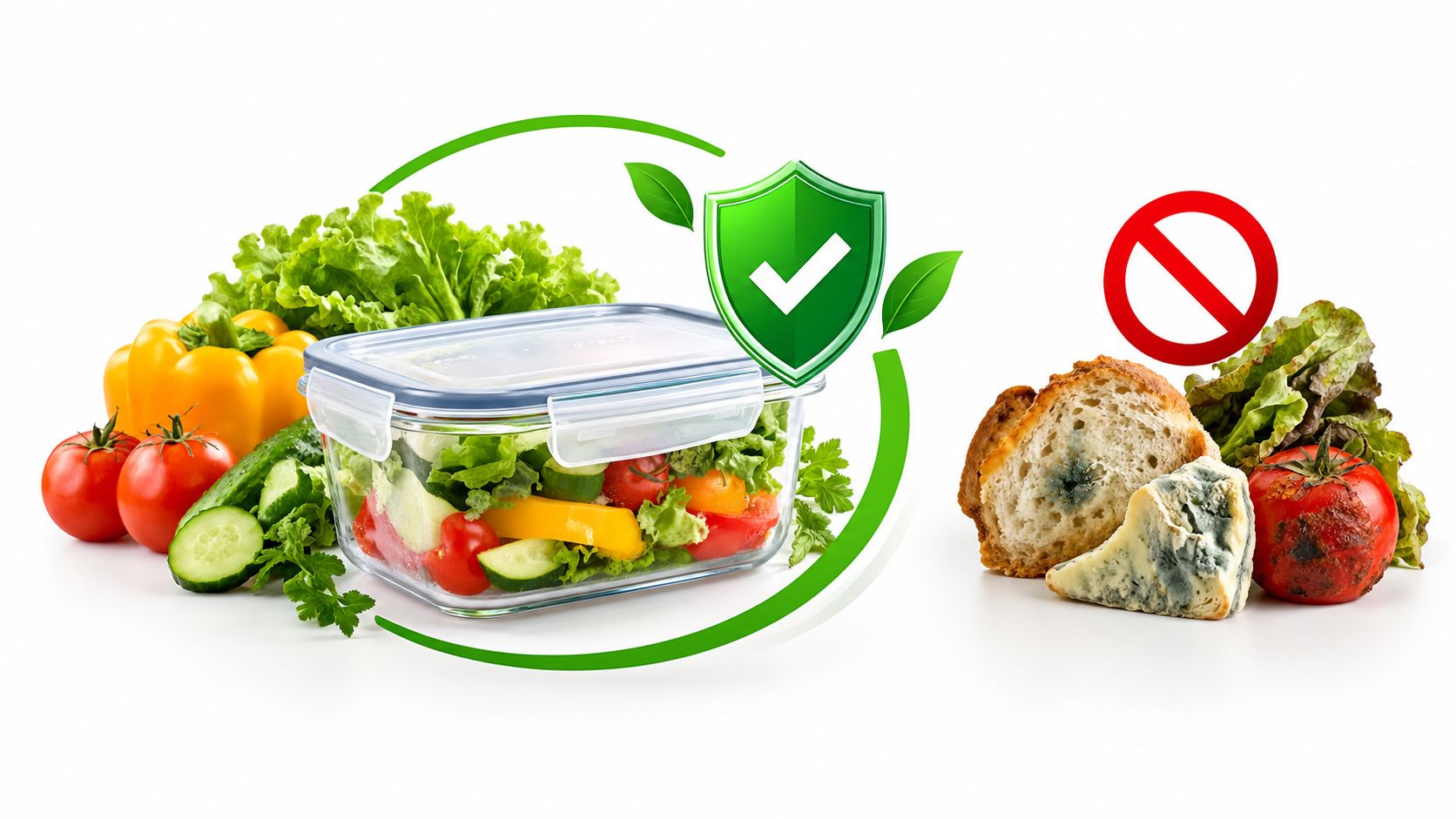 A fresh salad in a glass storage container next to spoiled bread and vegetables with warning symbols.