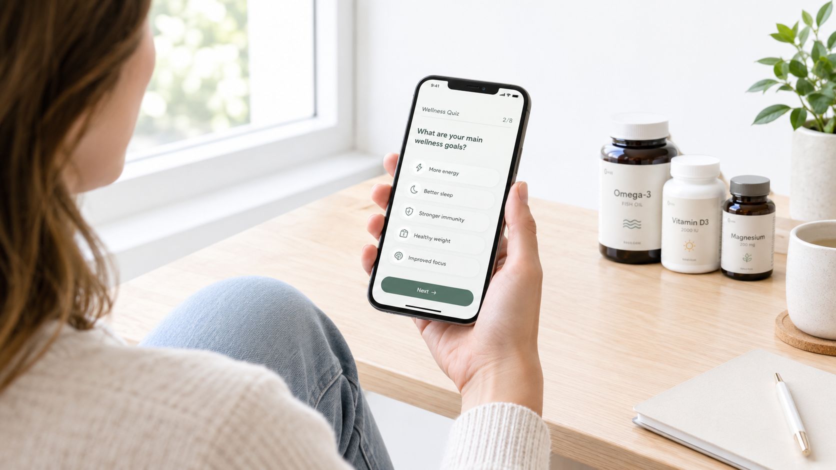 A person using a wellness quiz app on a smartphone while sitting at a desk with supplements.