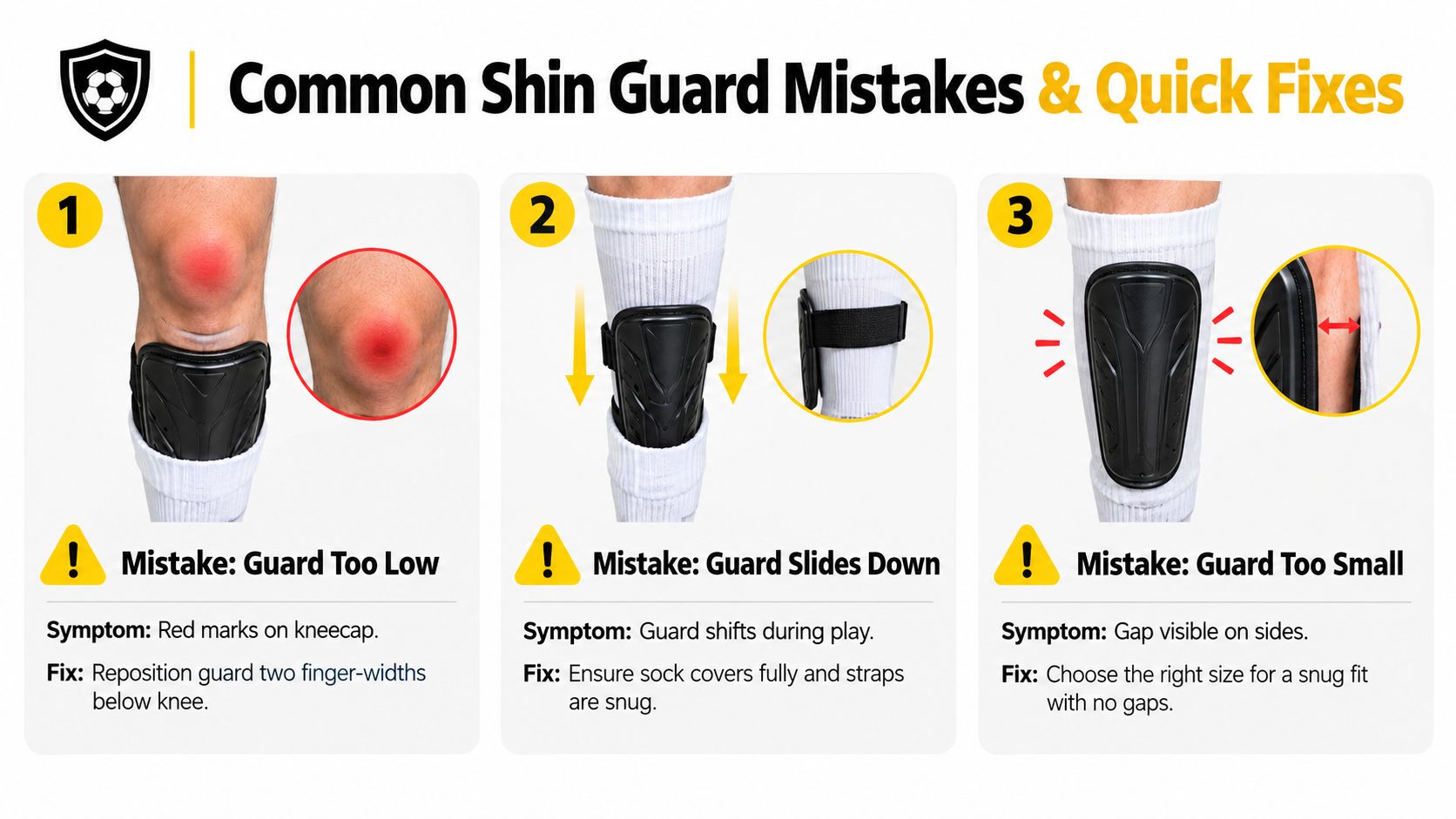 A guide showing three common soccer shin guard mistakes and their quick fixes for a better fit.