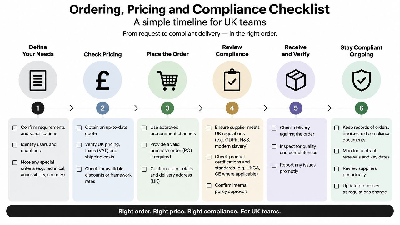 A six-step infographic outlining a procurement compliance checklist for UK teams, from ordering to delivery.