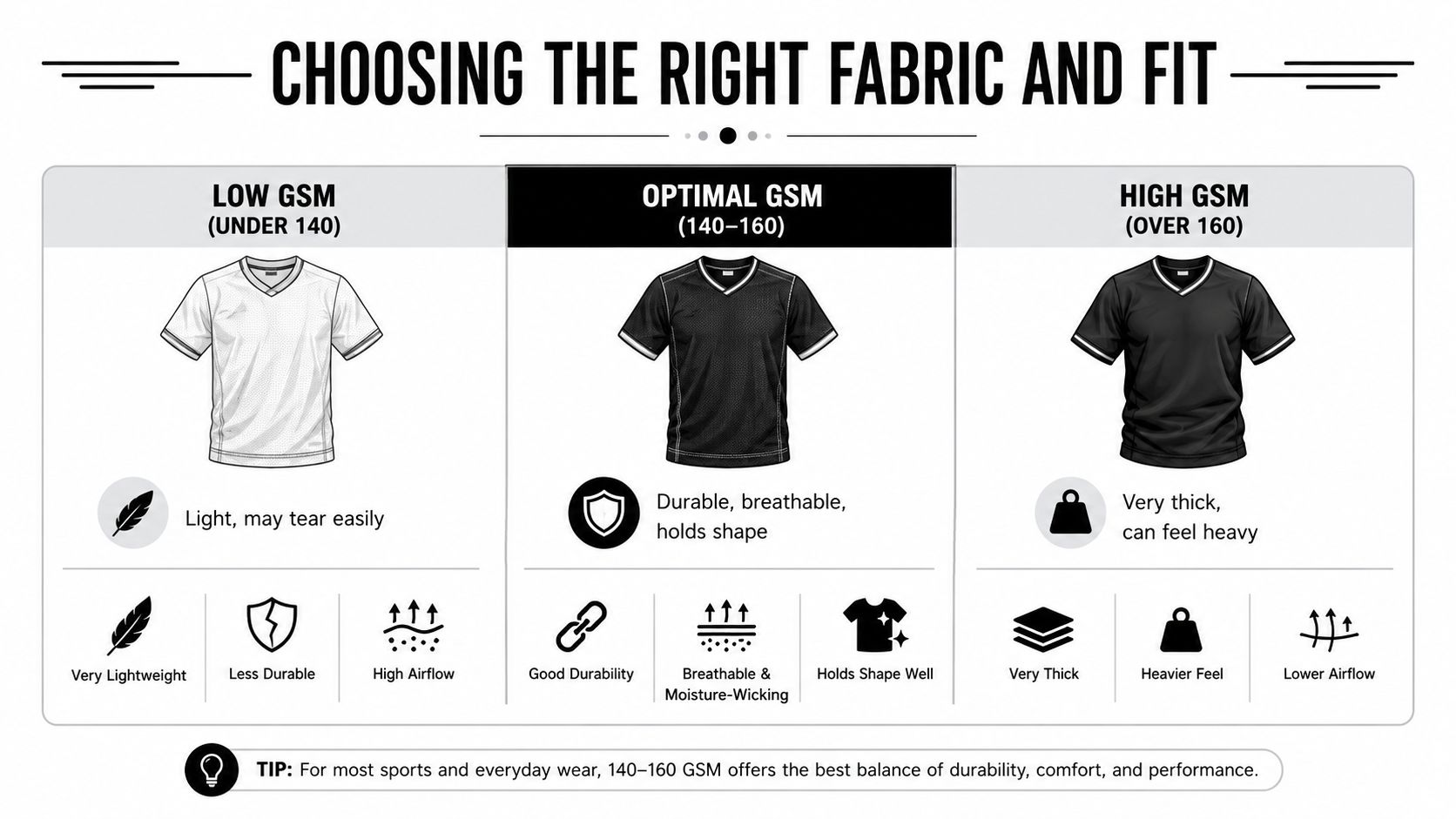 A comparison chart showing how fabric GSM weight affects the durability, breathability, and feel of sports jerseys.