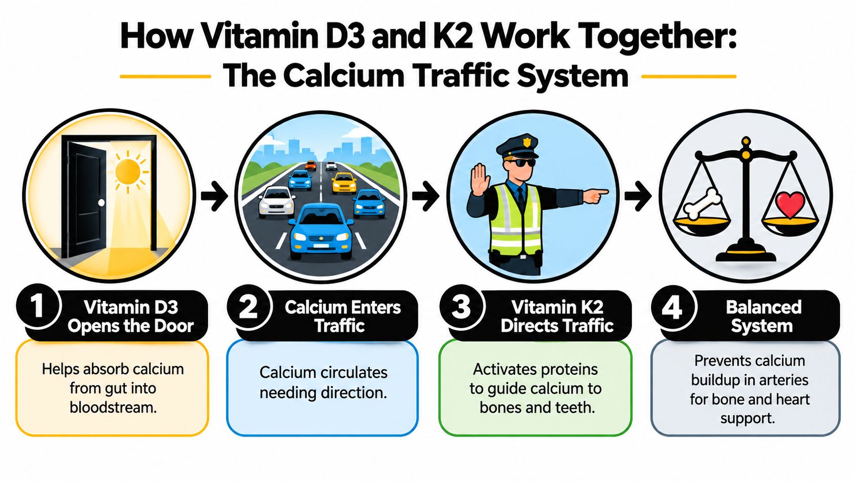 An infographic showing how Vitamin D3 and K2 regulate calcium in the body for bone and heart health.