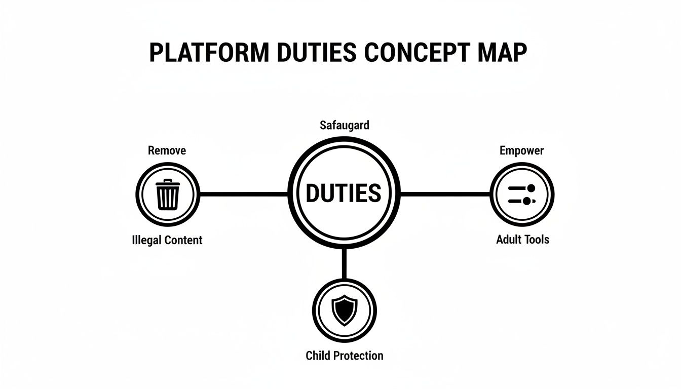A concept map illustrating platform duties: remove illegal content, safeguard child protection, and empower adult tools.