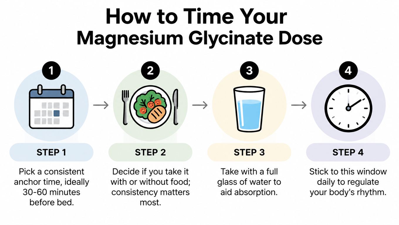 A four-step infographic explaining how to establish a consistent daily routine for taking magnesium glycinate supplements.