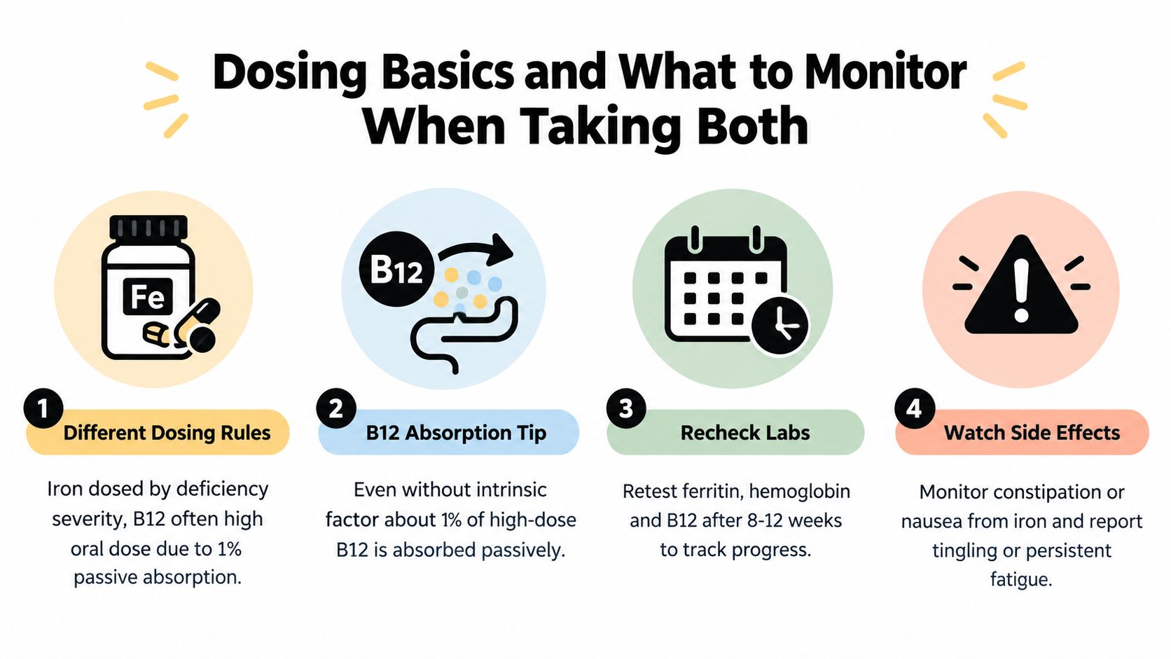 An infographic showing four key steps for taking iron and vitamin B12 supplements simultaneously with monitoring advice.