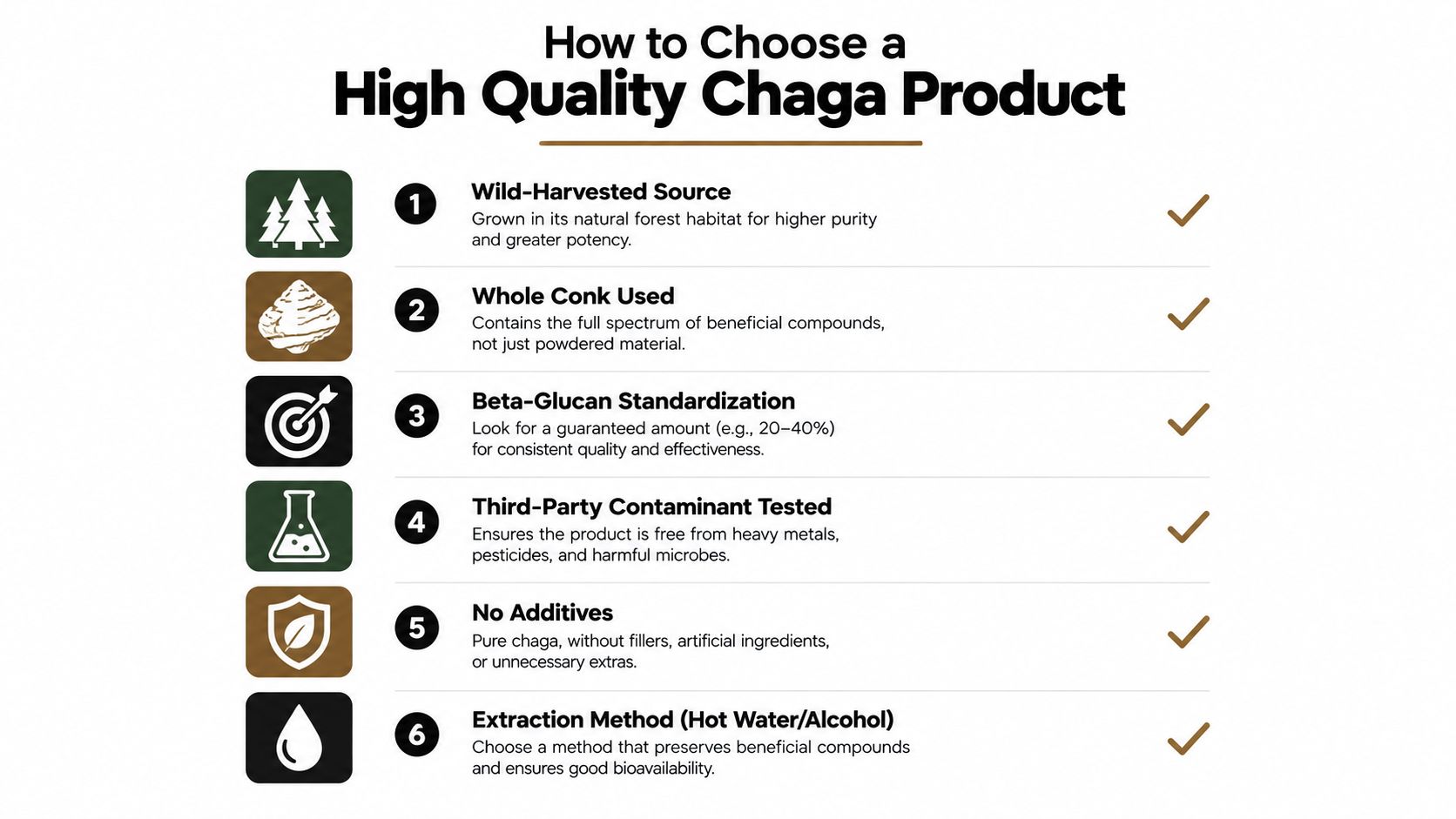 An infographic detailing six essential criteria to consider when choosing a high quality chaga mushroom supplement product.