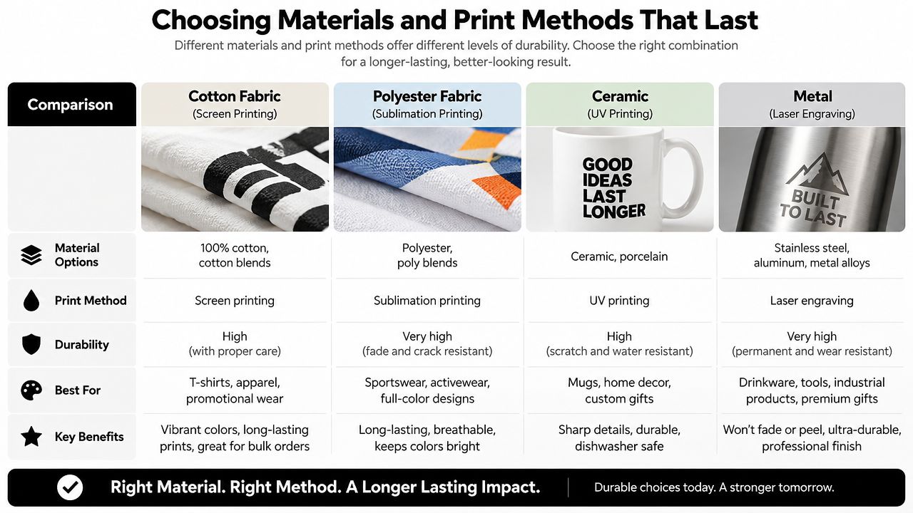 A comparison chart outlining durable print methods and materials for various customized products and promotional items.