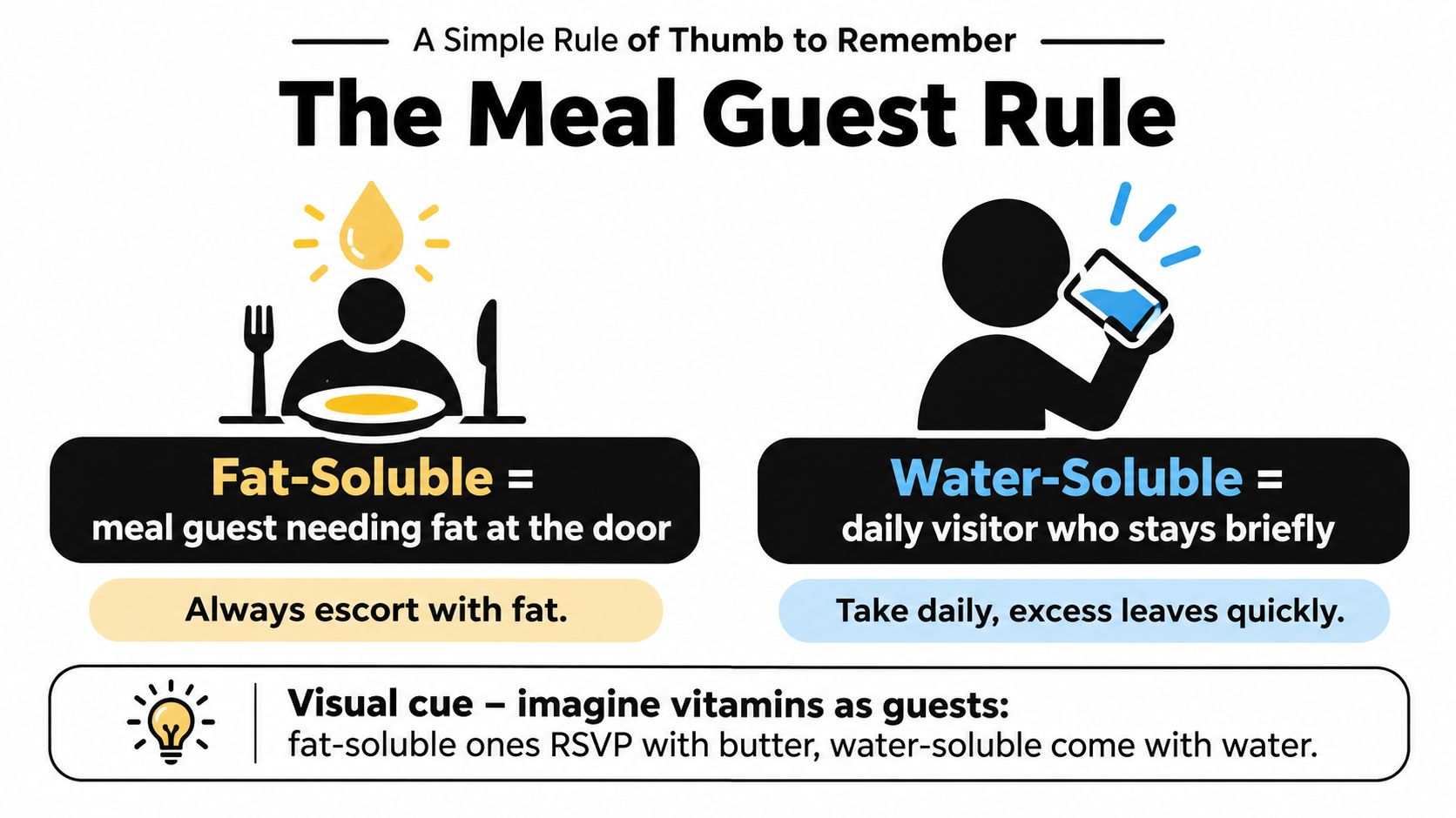 An infographic explaining the difference between fat-soluble and water-soluble vitamins using a simple guest analogy.