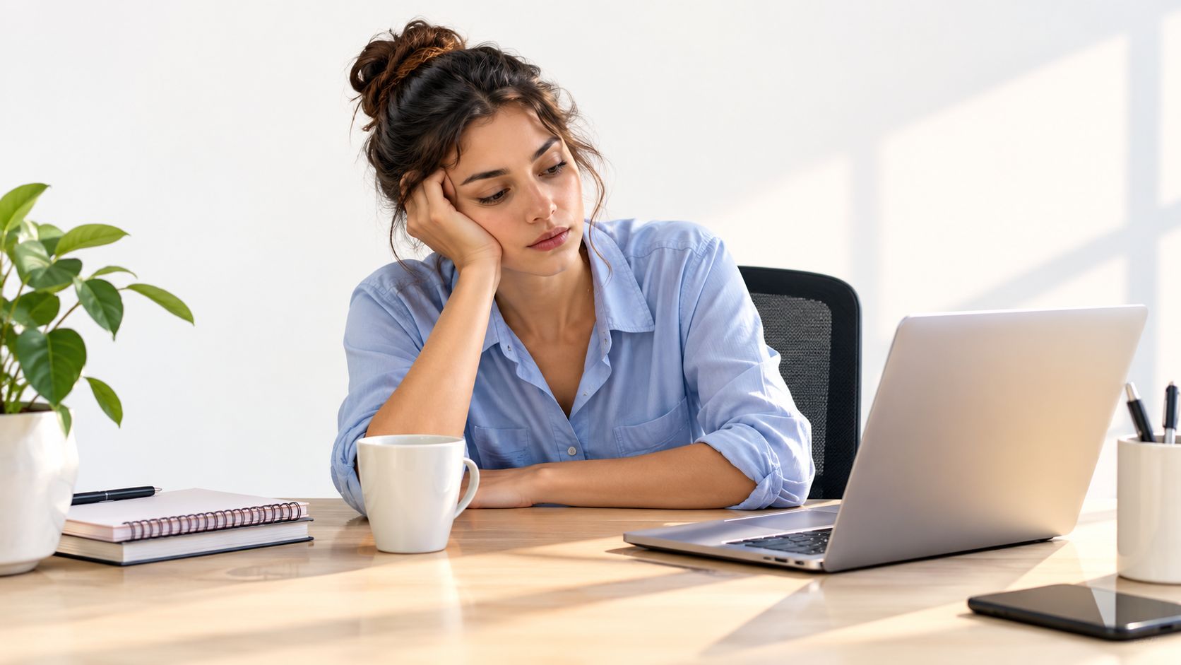 A tired young woman sitting at her desk looking at her laptop screen with a bored expression.