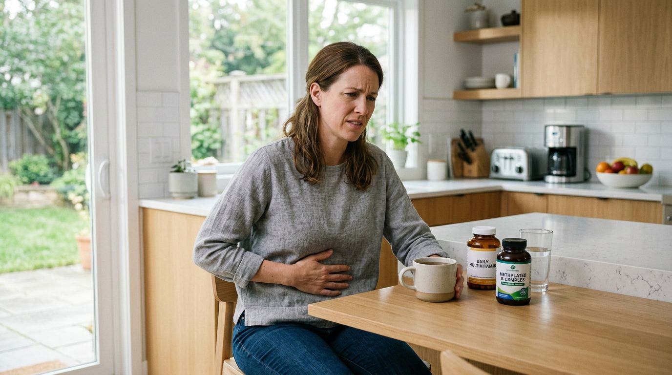 A woman holding her stomach in pain while sitting at a kitchen table with dietary supplements.