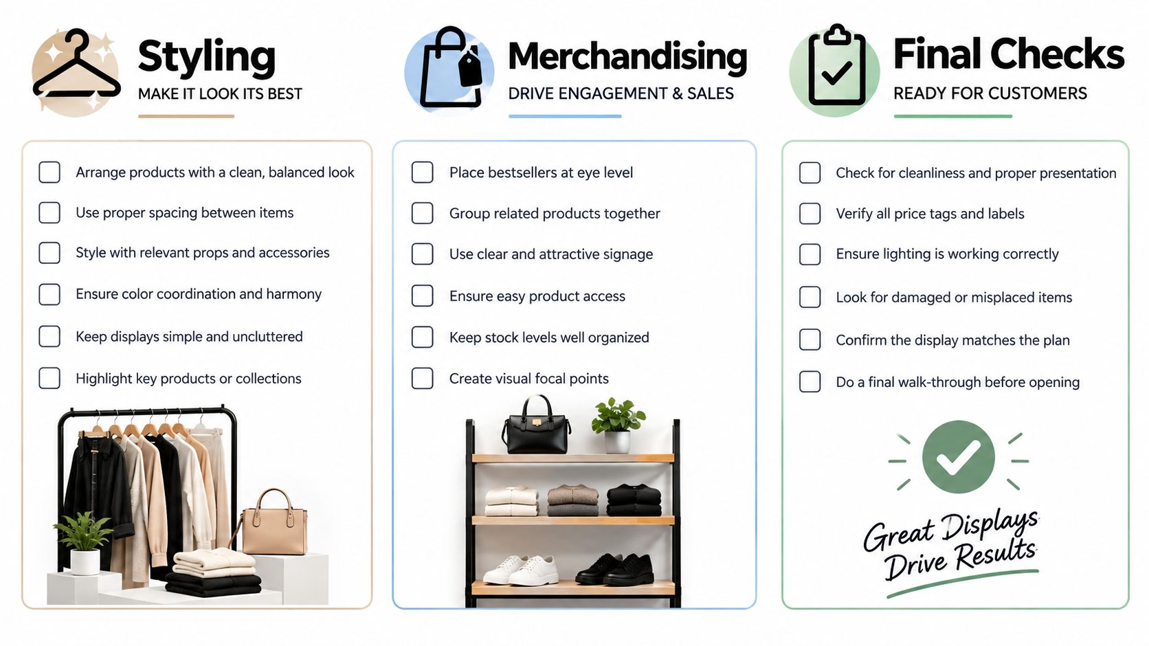 A checklist infographic illustrating professional retail styling, merchandising strategies, and final display maintenance for store setups.