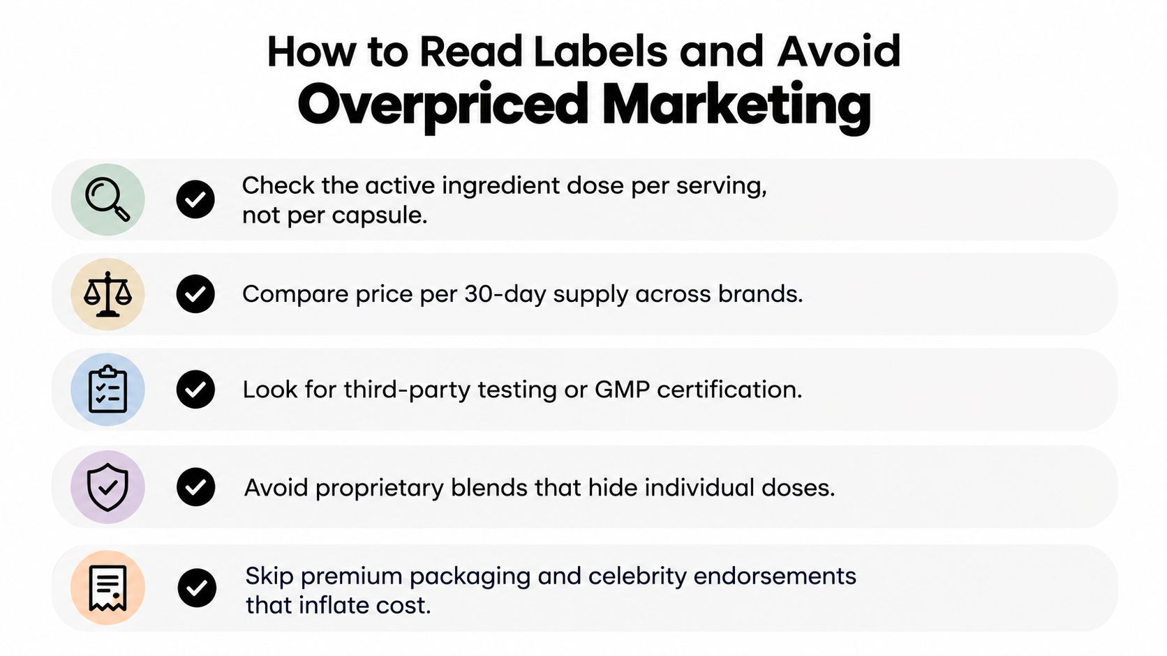 A list of five essential tips for reading supplement labels to avoid paying for overpriced marketing gimmicks.
