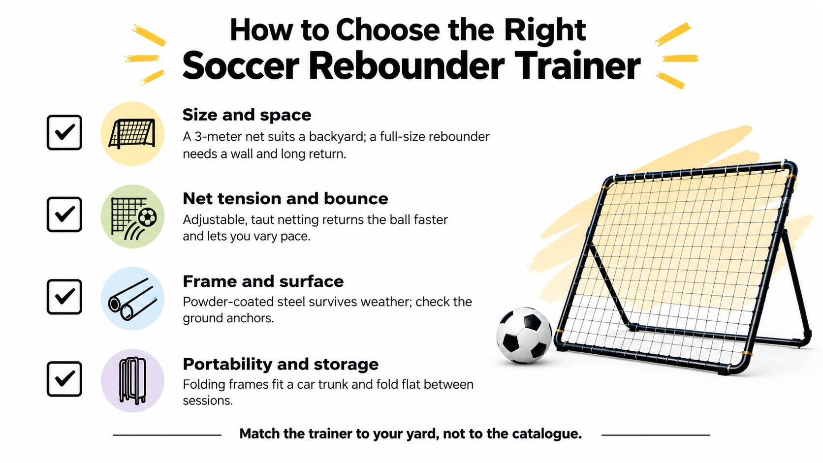 An infographic titled How to Choose the Right Soccer Rebounder Trainer with four tips for buyers.
