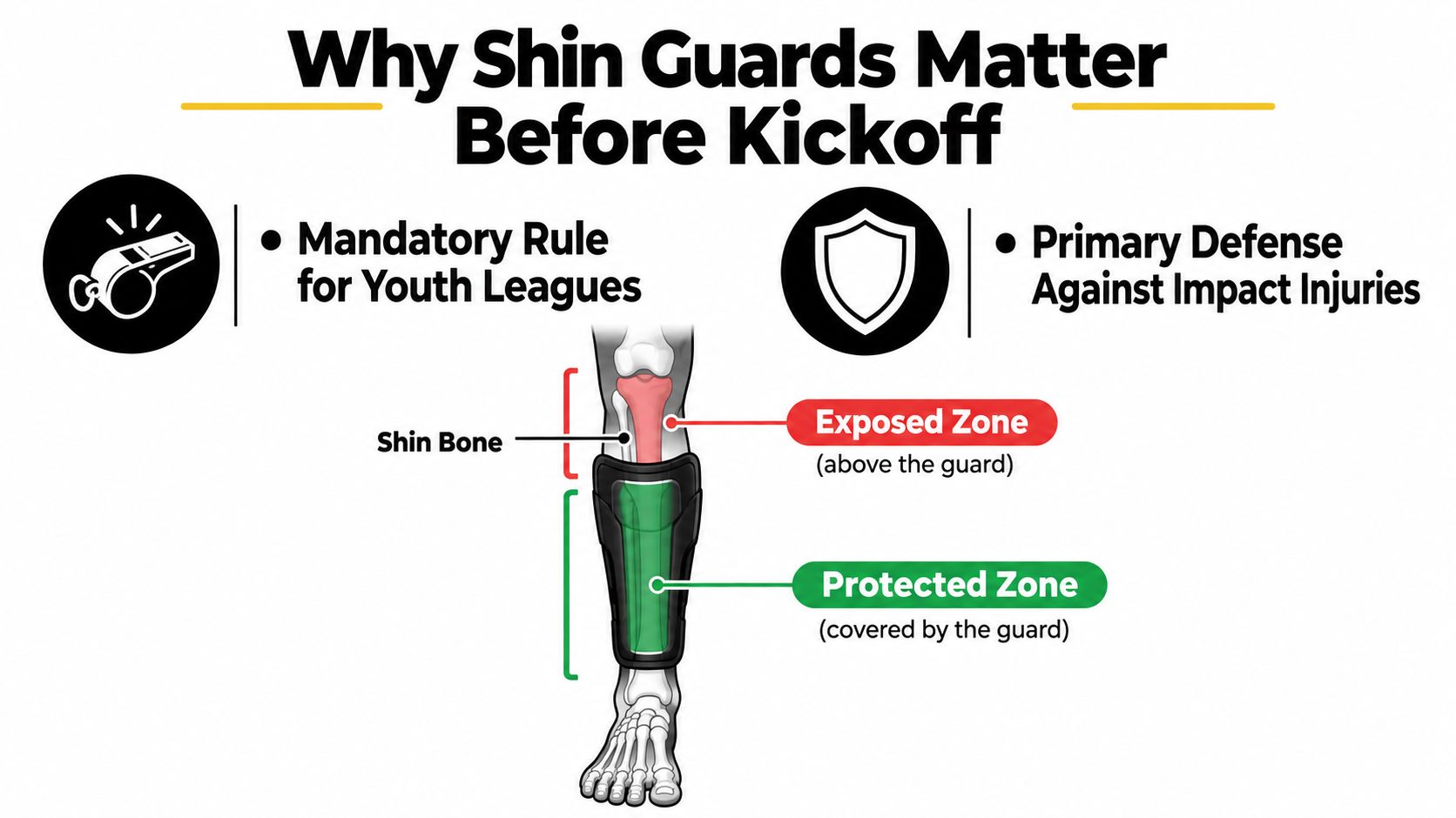 A diagram illustrating why soccer shin guards are essential for protecting the shin bone against impact injuries.