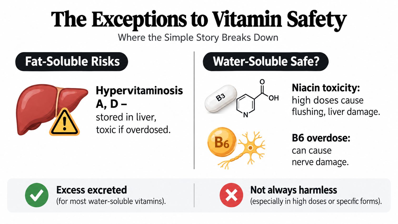 An infographic illustrating vitamin safety, comparing risks of fat-soluble versus water-soluble vitamin overdoses and toxicity.