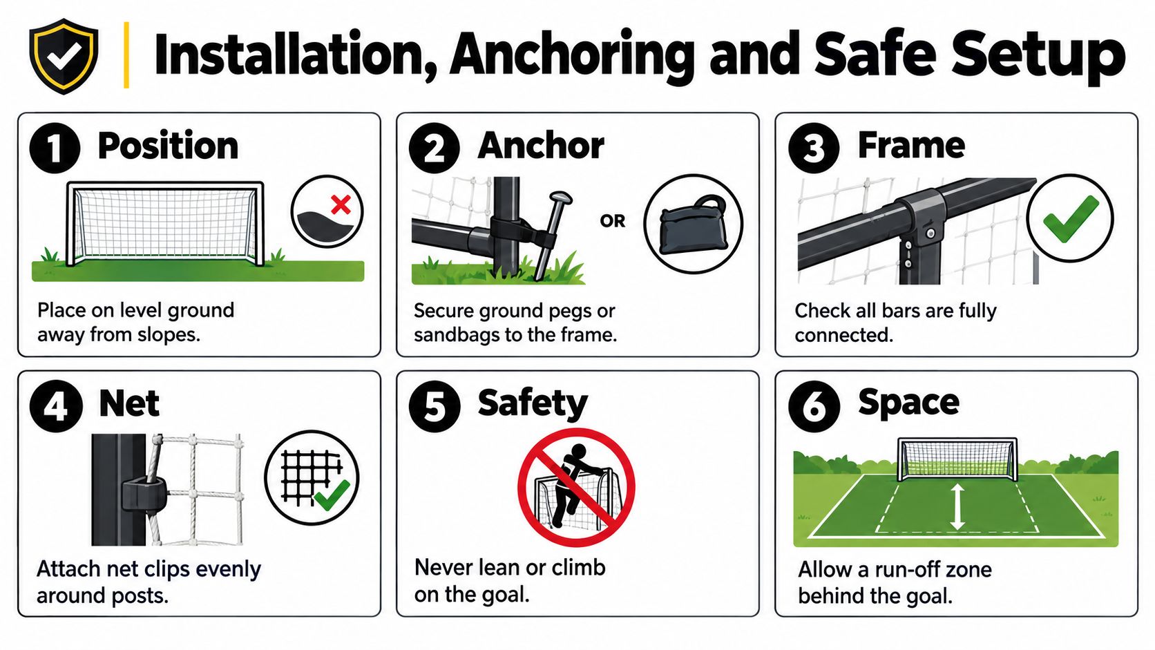 A six-step illustrated guide showing how to safely install and anchor a portable backyard football goal.