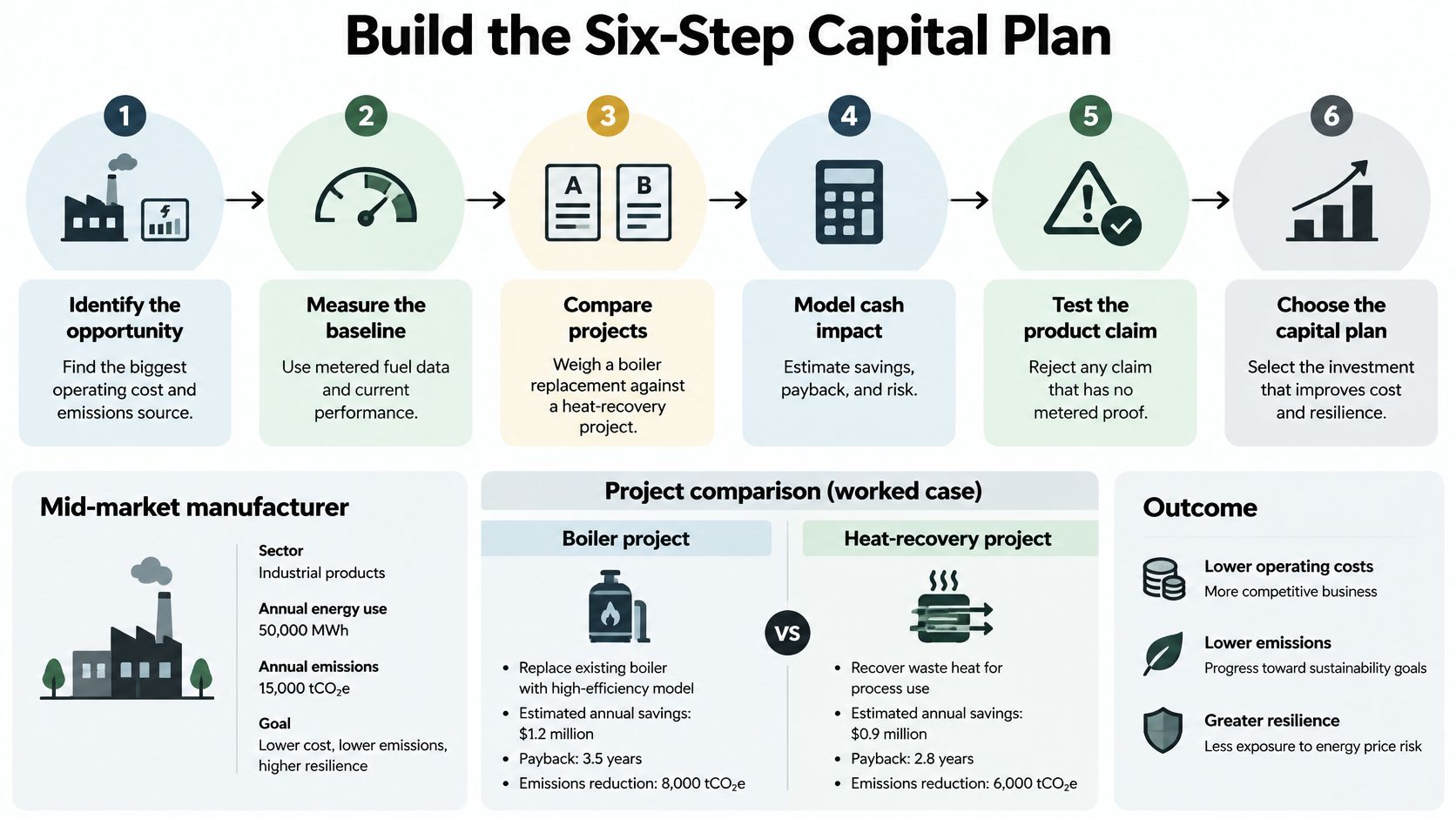 A six-step infographic guide for manufacturing companies to build a capital plan for sustainability and cost reduction.