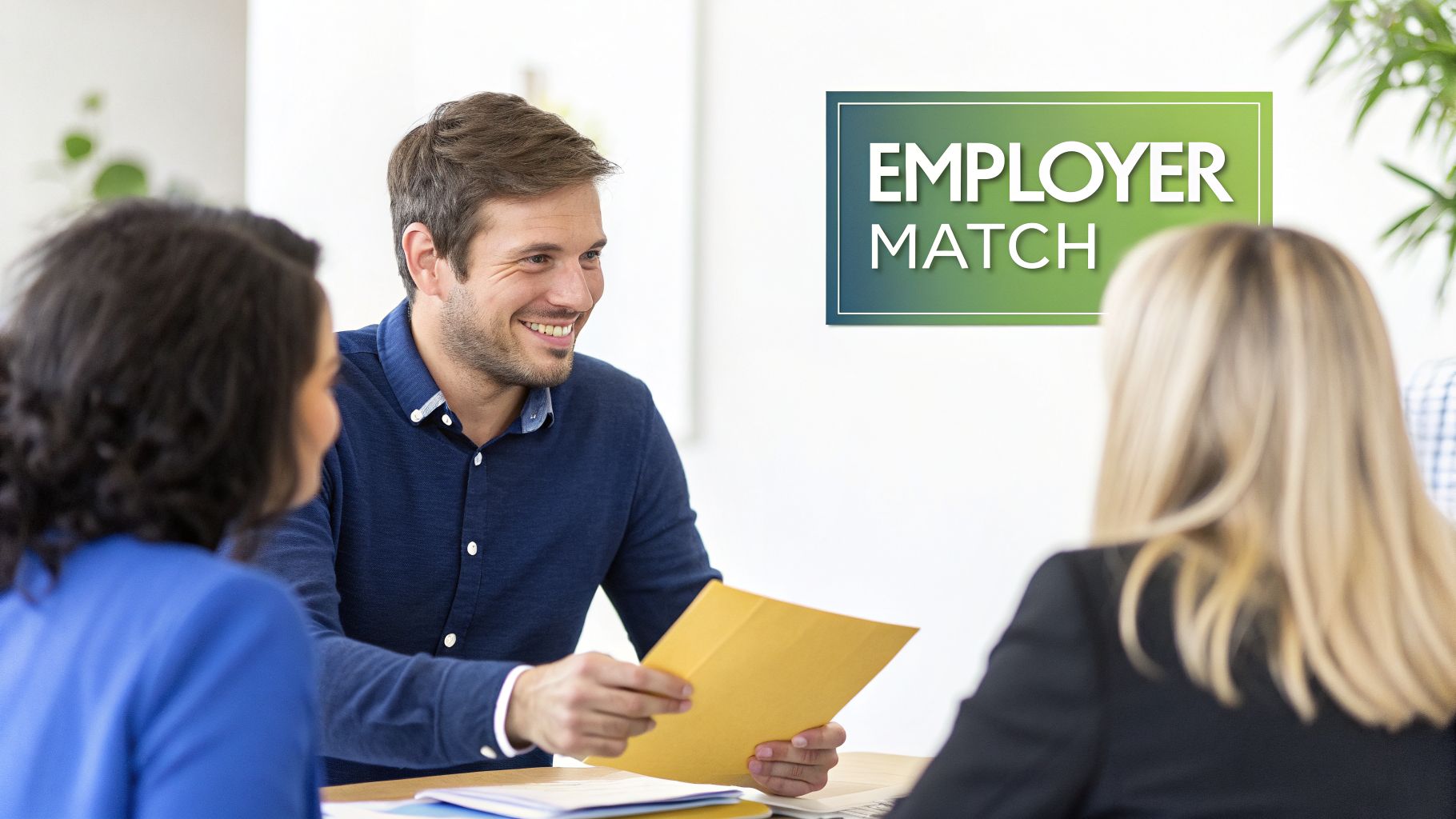 NPDiva Consulting | A Nonprofit's Guide To The Employer Match 401k Smiling man holds a yellow folder, discussing with two women in an office, with an 'Employer Match' sign.