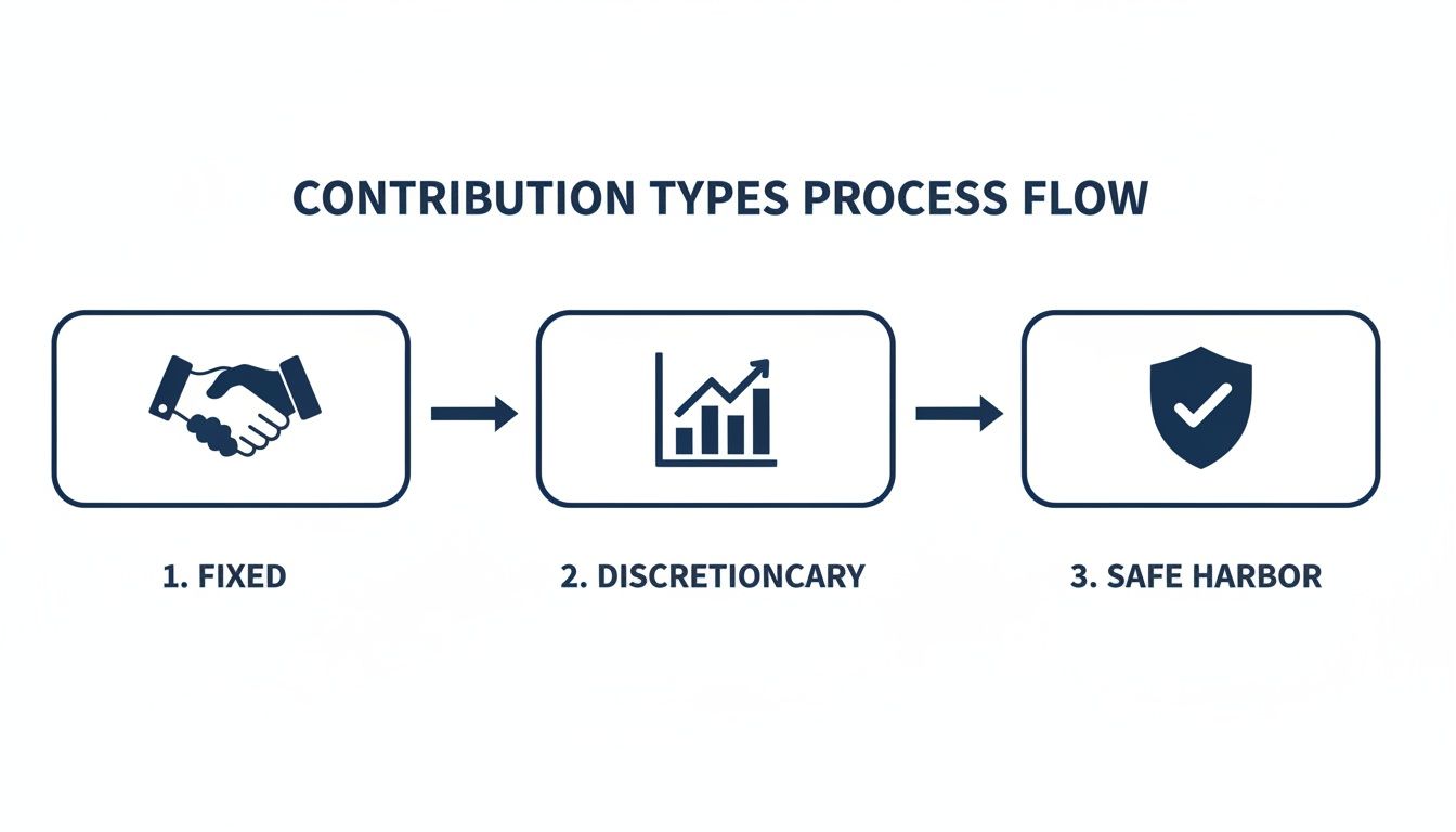 NPDiva Consulting | A Nonprofit's Guide To The Employer Match 401k Flowchart showing three contribution types: fixed (handshake), discretionary (chart), and safe harbor (shield).