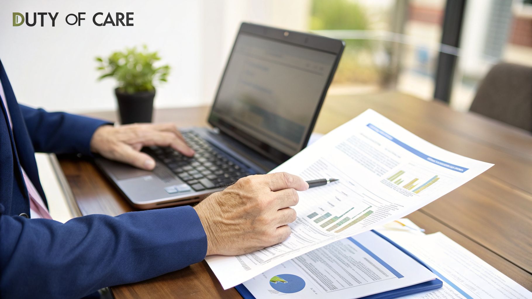 A person in a suit analyzing financial reports and charts while working on a laptop at a desk.