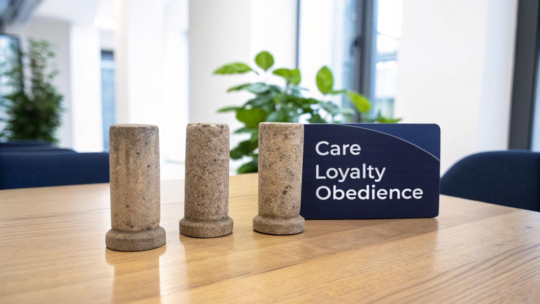 Three stone pillars and a blue sign with 'Care Loyalty Obedience' on a wooden table.