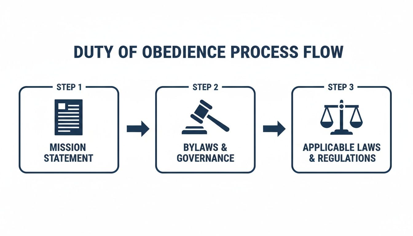 Process flow diagram illustrating the duty of obedience with steps for mission statement, bylaws, and laws.