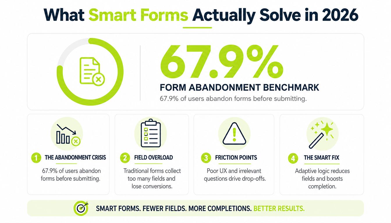 An infographic titled What Smart Forms Actually Solve in 2026 showing a 67.9% form abandonment benchmark.