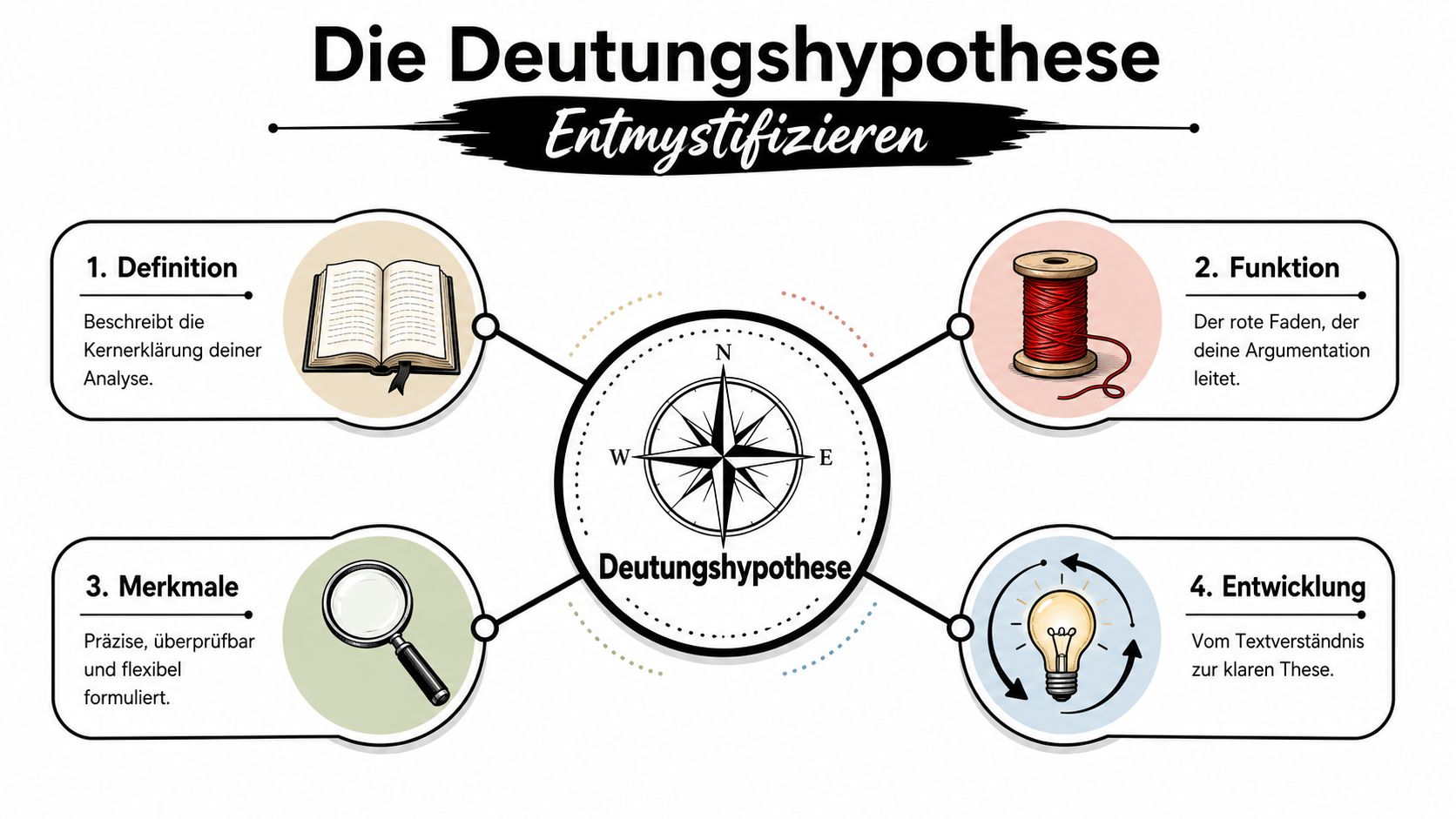 Eine Infografik zur Deutungshypothese mit den vier zentralen Aspekten Definition, Funktion, Merkmale und Entwicklung in einer übersichtlichen Darstellung.