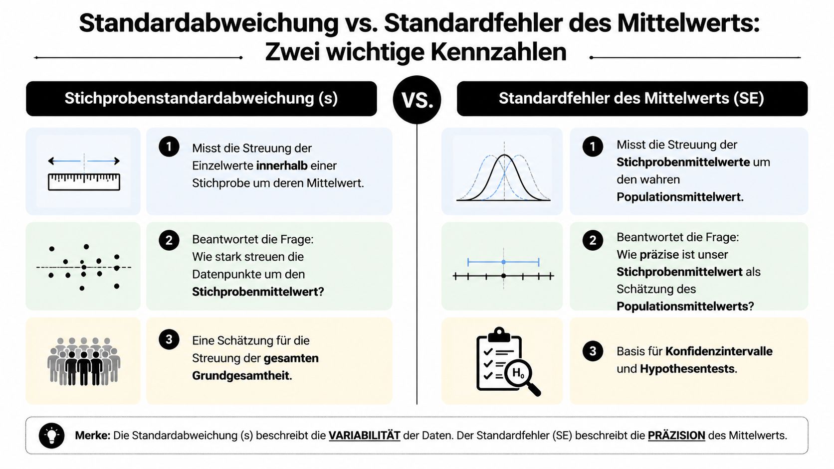 Vergleichsgrafik zwischen der Stichprobenstandardabweichung und dem Standardfehler des Mittelwerts mit ihren jeweiligen Definitionen und Anwendungsbereichen.