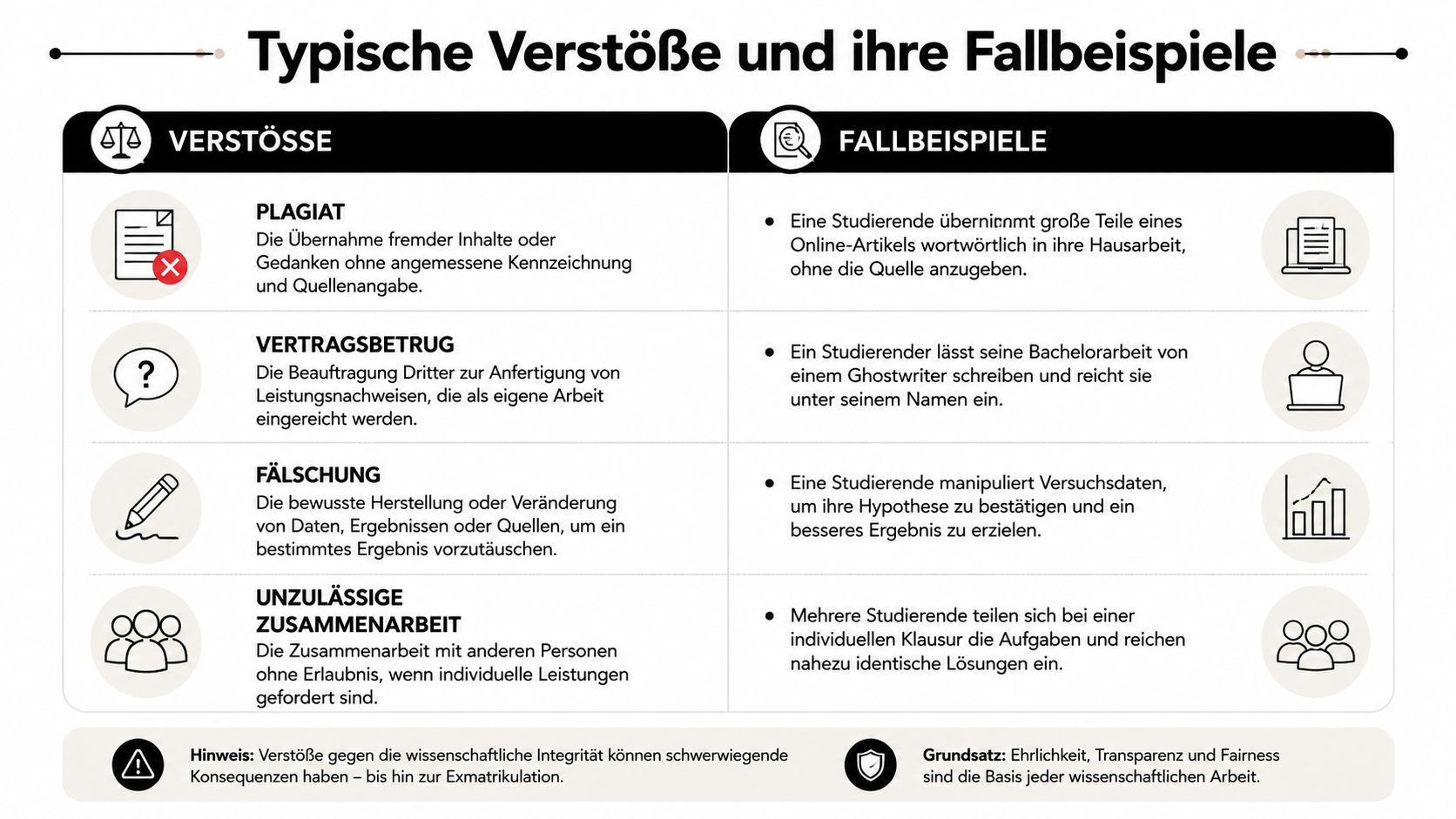 Eine Infografik mit Beispielen für akademische Verstöße wie Plagiat, Vertragsbetrug, Fälschung und unzulässige Zusammenarbeit an Universitäten.