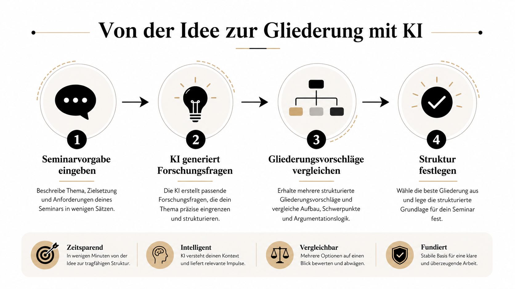 Eine Infografik mit vier Schritten zur Erstellung einer Seminararbeitsgliederung unter Verwendung von künstlicher Intelligenz.
