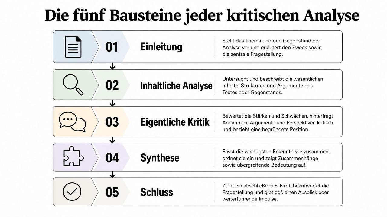 Eine Infografik, die die fünf wesentlichen Bausteine einer kritischen Analyse in übersichtlicher tabellarischer Form darstellt.