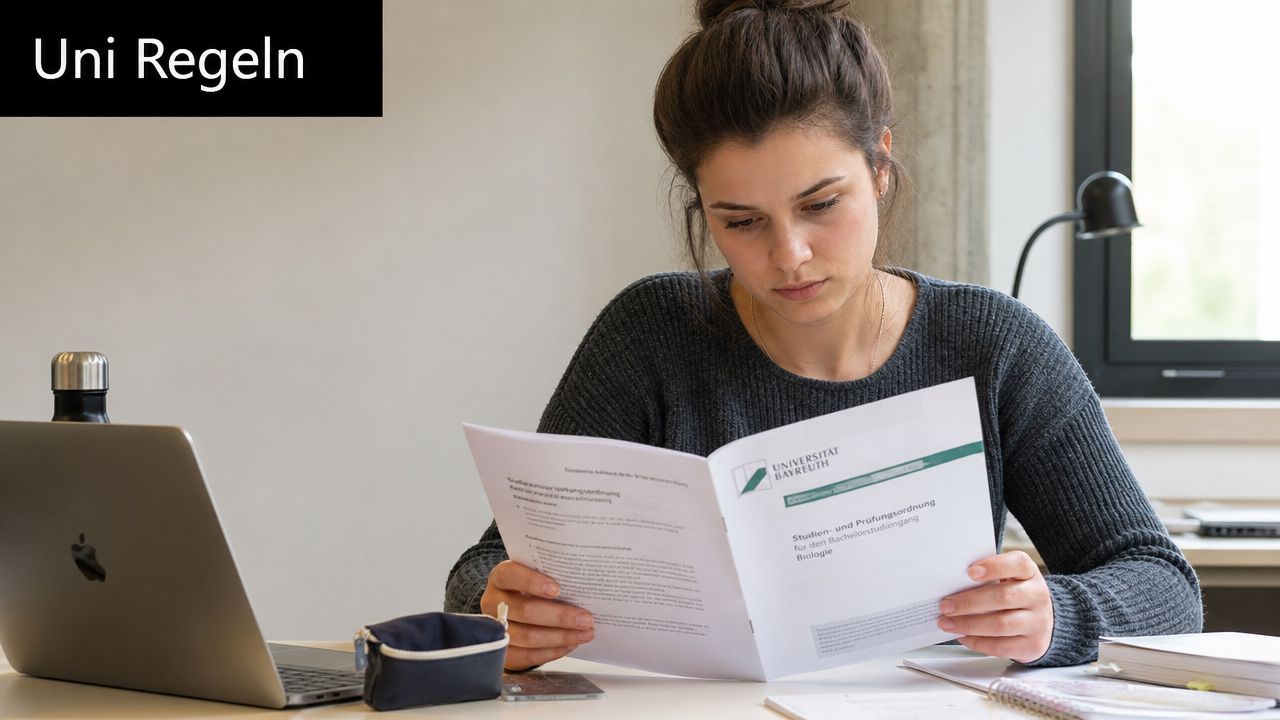 Eine Studentin liest konzentriert die Studien- und Prüfungsordnung der Universität Bayreuth an einem Schreibtisch.