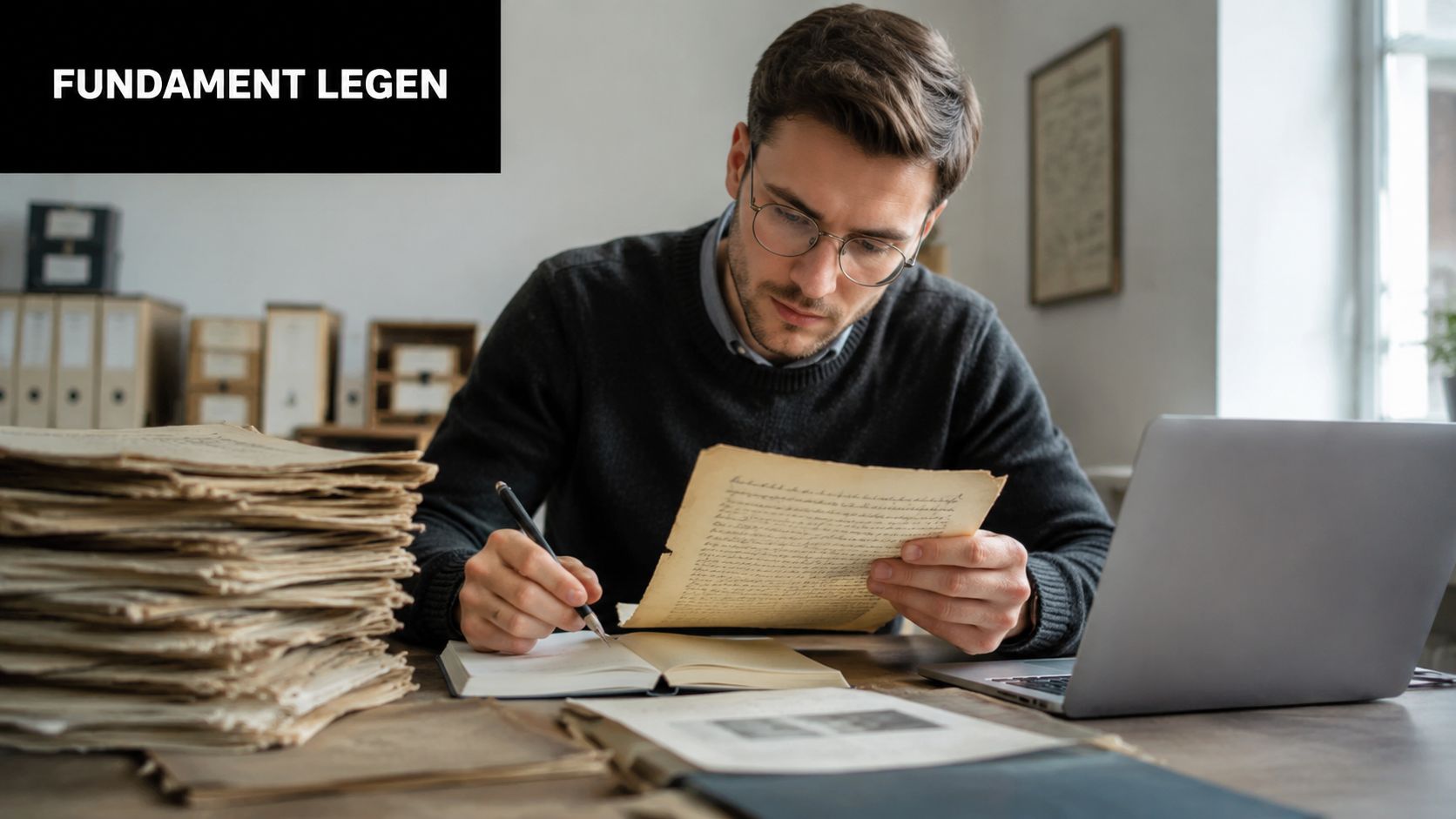 Ein fokussierter Mann mit Brille analysiert historische Dokumente an einem Schreibtisch mit Laptop und handschriftlichen Notizen.