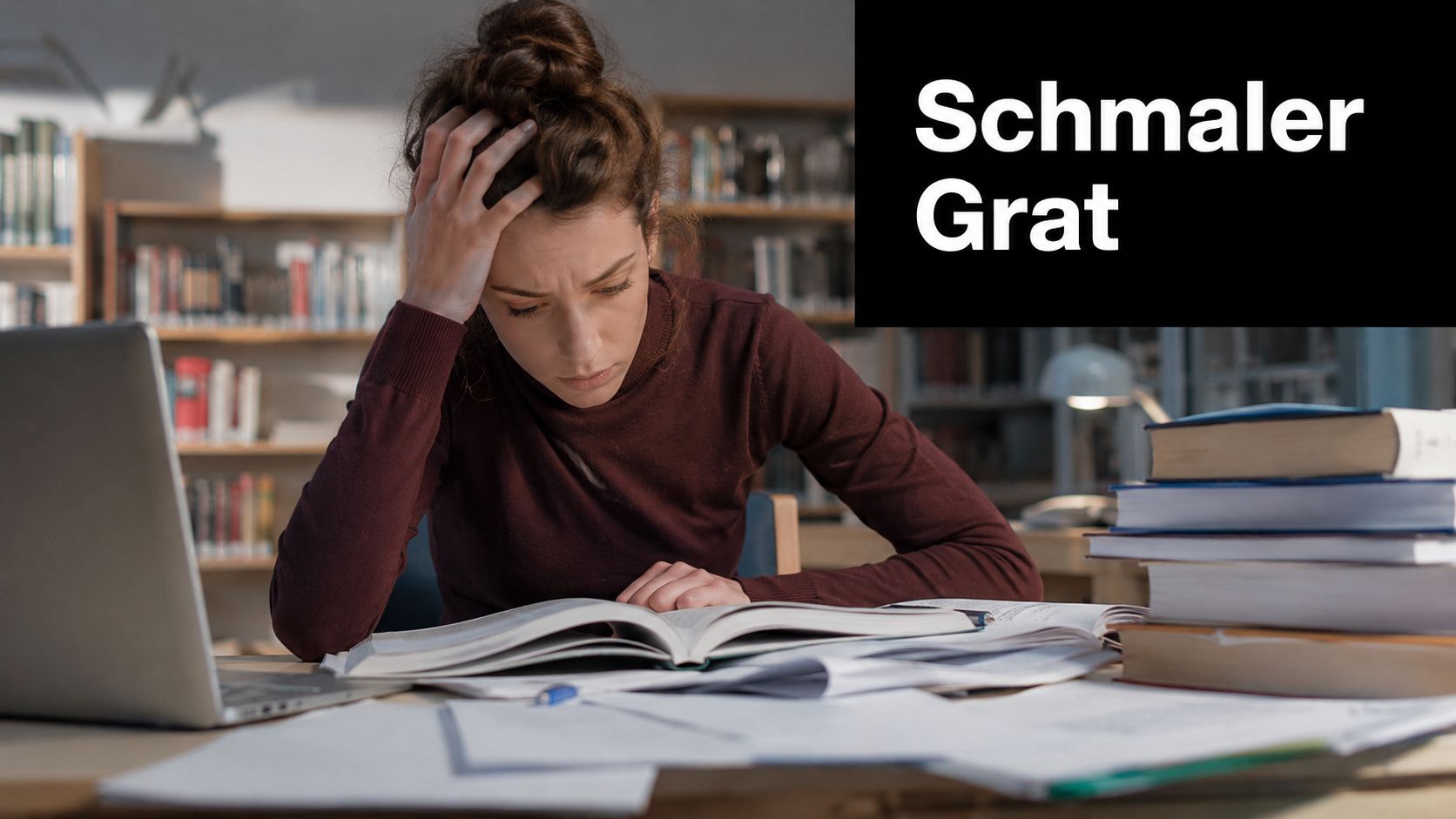 Eine gestresste Studentin sitzt in einer Bibliothek vor vielen Büchern und einem Laptop bei der Arbeit.