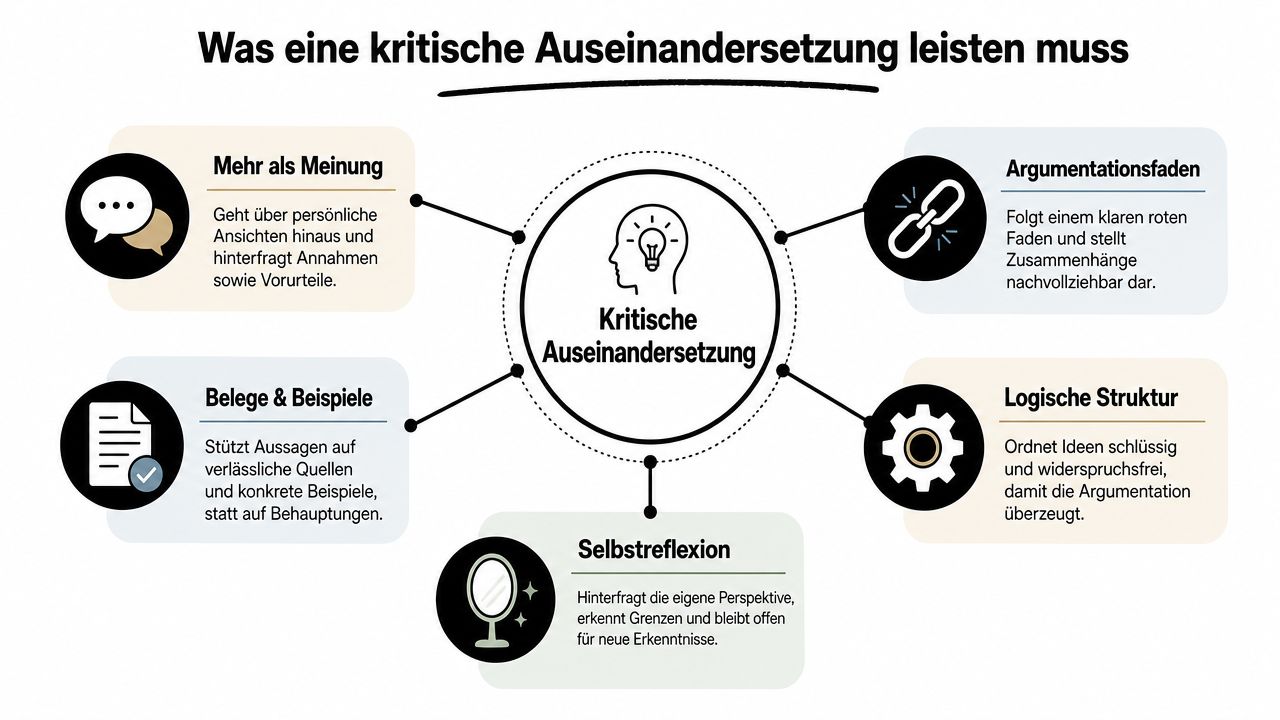 Eine Infografik erklärt die fünf wesentlichen Elemente einer kritischen Auseinandersetzung für eine fundierte und reflektierte Argumentation.