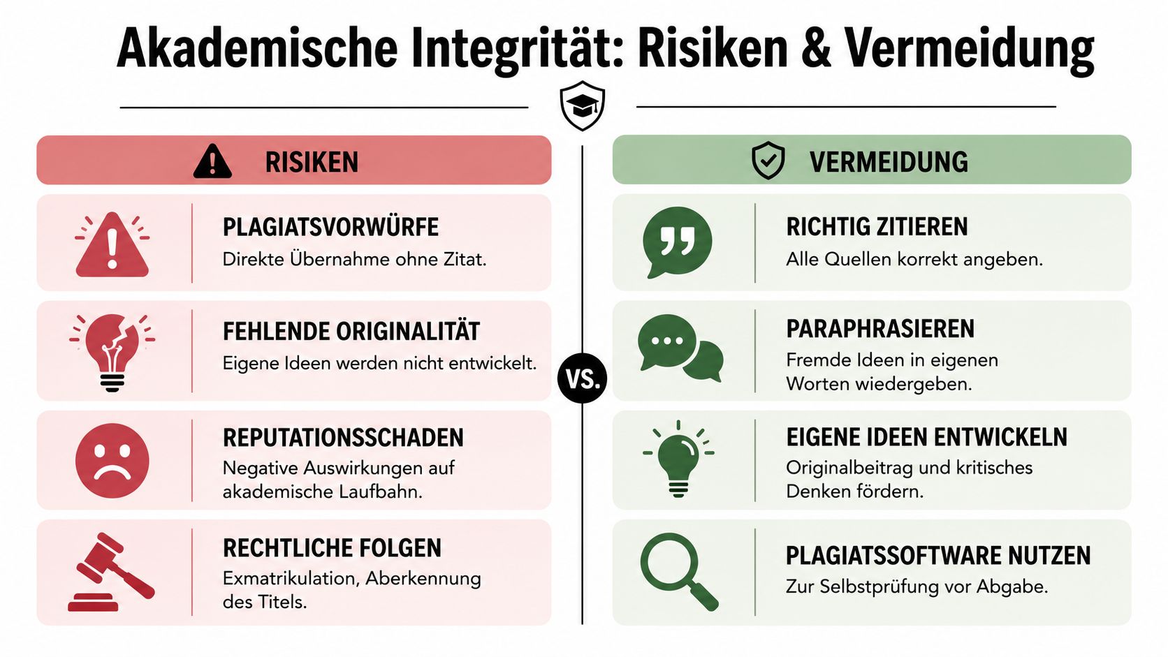 Eine Infografik über akademische Integrität, die Risiken wie Plagiate und deren Vermeidung durch korrektes Zitieren übersichtlich darstellt.