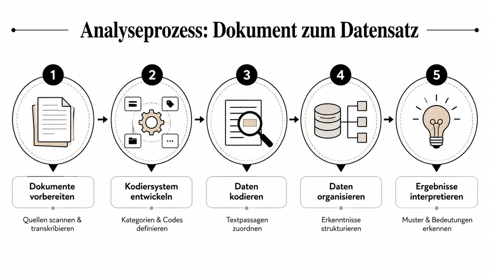 Eine Infografik, die den fünfstufigen Analyseprozess von Dokumenten zu einem strukturierten Datensatz anschaulich darstellt.