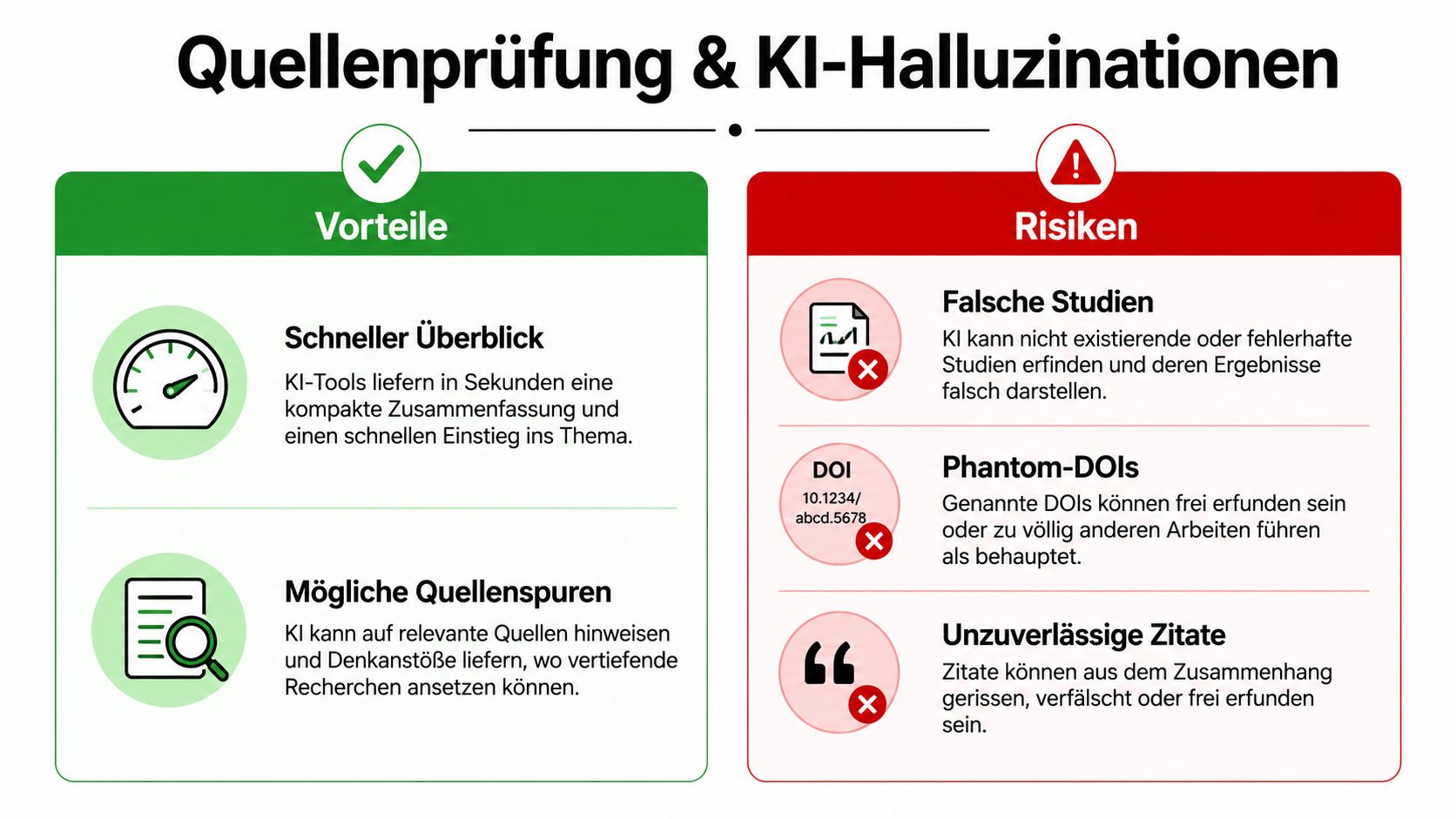 Infografik über die Vorteile und Risiken bei der Nutzung von KI-Tools zur Quellenprüfung in wissenschaftlichen Arbeiten.