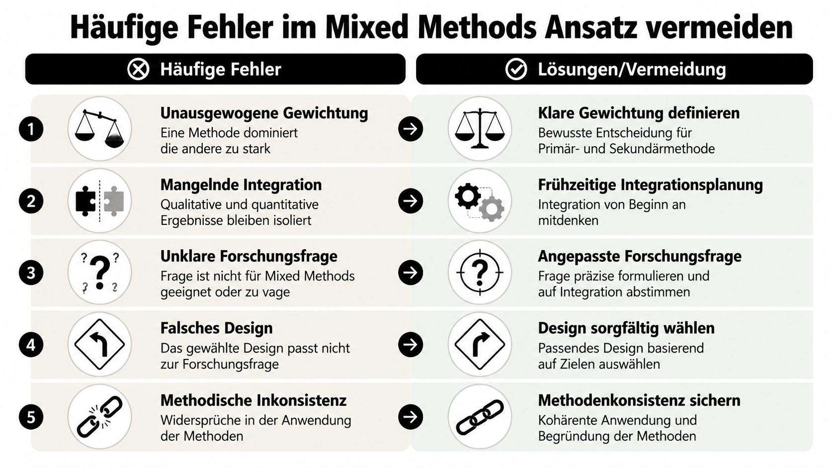 Infografik mit fünf häufigen Fehlern beim Mixed Methods Forschungsansatz und den entsprechenden Lösungen zur Vermeidung.