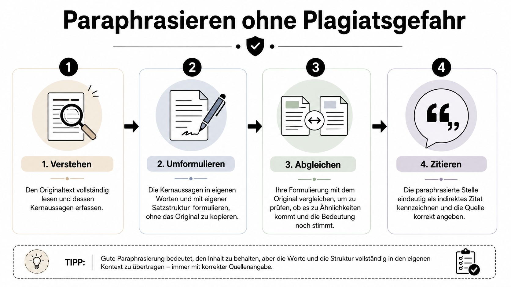 Eine Infografik mit vier Schritten zur korrekten Paraphrasierung von Texten, um Plagiate sicher zu vermeiden.