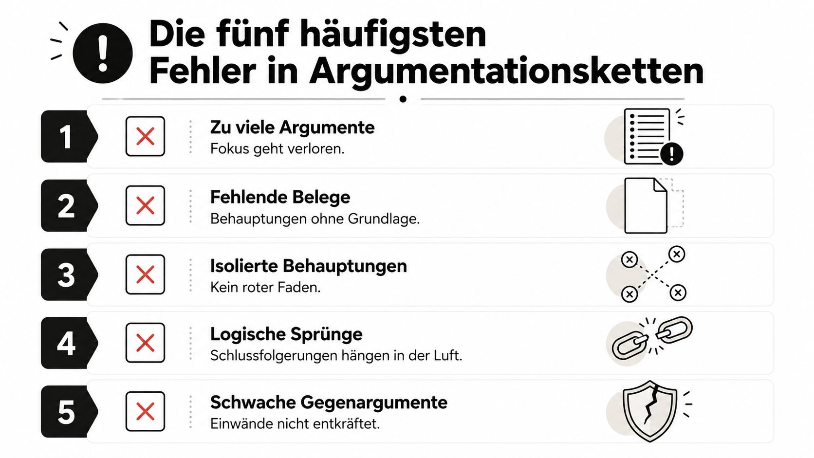 Infografik mit den fünf häufigsten Fehlern beim Aufbau einer logischen und überzeugenden Argumentationskette für bessere Texte.