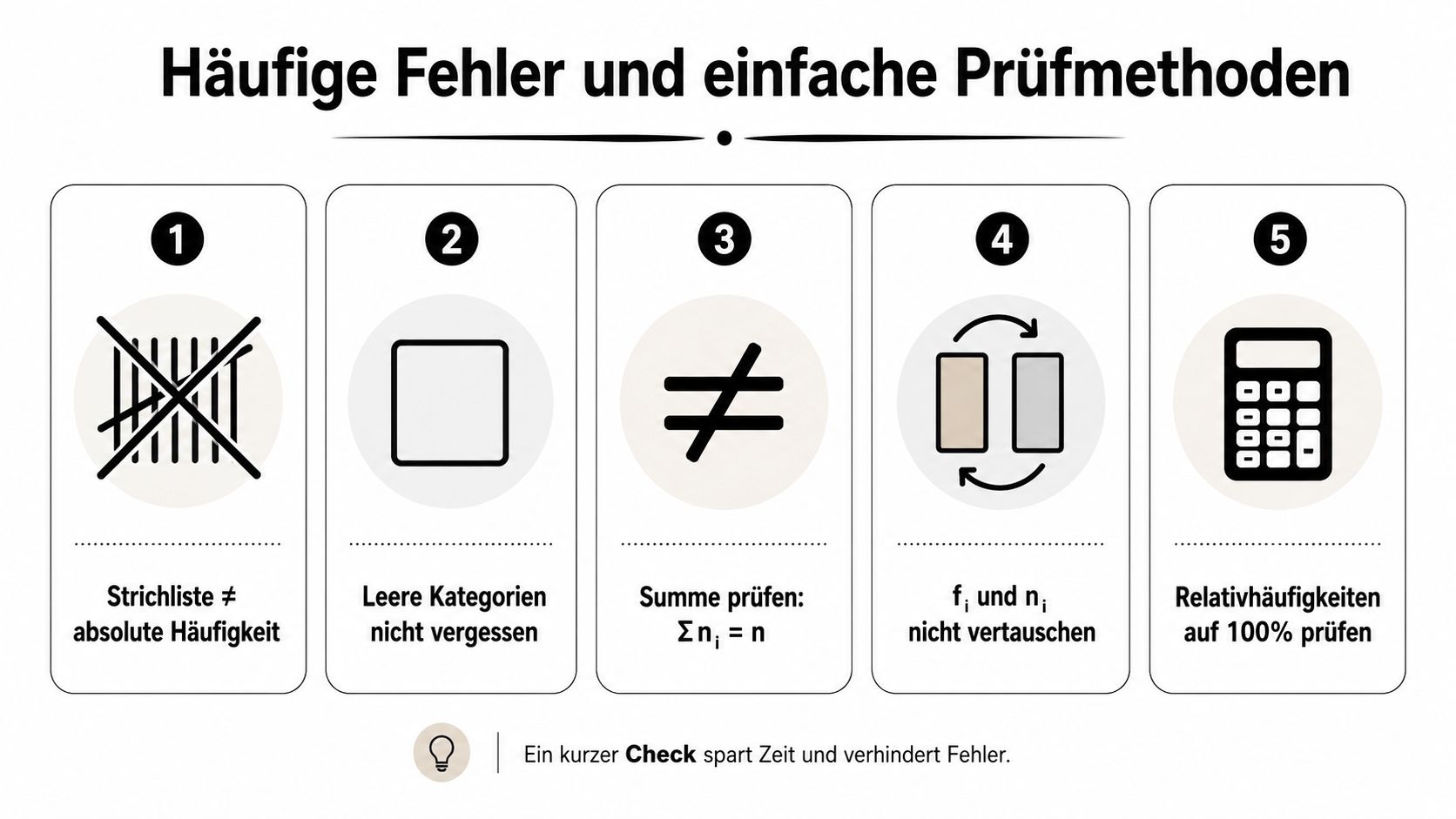 Grafik mit fünf Tipps zur Fehlervermeidung bei der statistischen Auswertung und Berechnung von Häufigkeiten in Tabellen.
