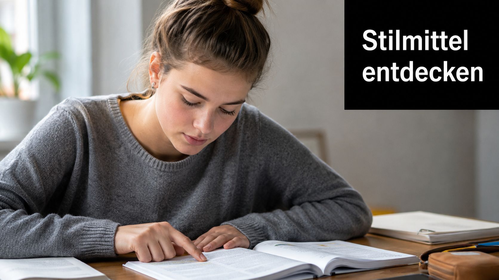 Eine junge Frau mit Dutt lernt konzentriert an einem Schreibtisch und liest in einem geöffneten Buch.