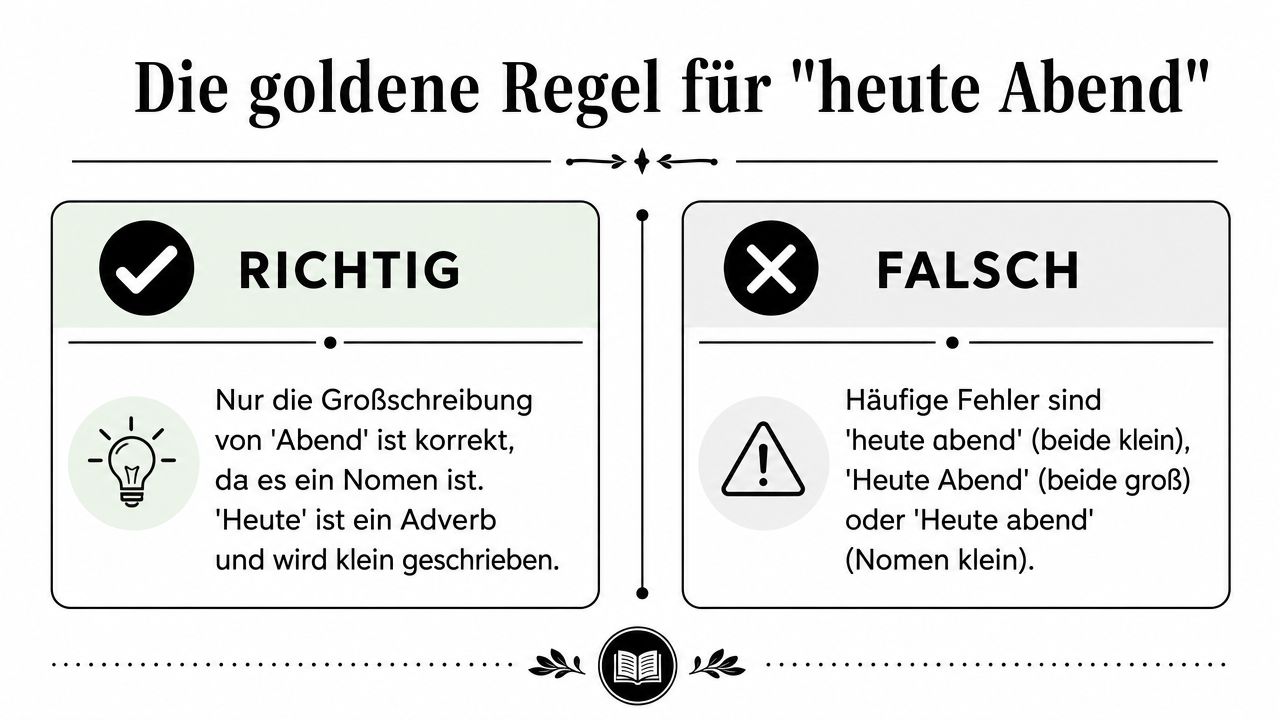 Eine Infografik zur korrekten Schreibweise von heute Abend mit einer Erklärung zu Nomen und Adverbien.