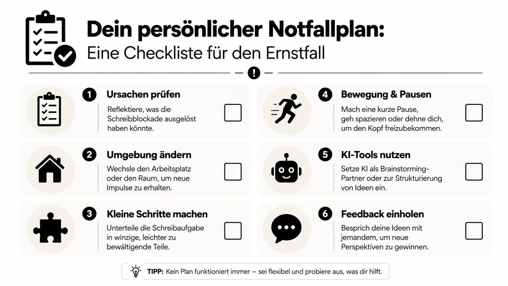 Eine illustrierte Checkliste mit sechs praktischen Schritten zur Überwindung einer Schreibblockade im Arbeitsalltag.