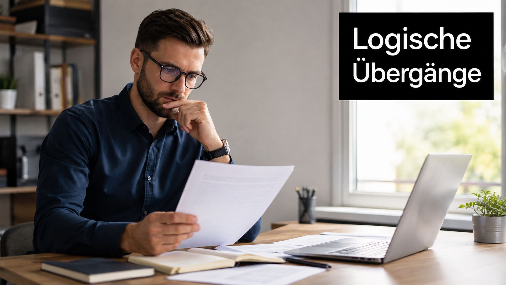 Ein fokussierter Mann mit Brille liest nachdenklich ein Dokument an seinem Schreibtisch mit Laptop.