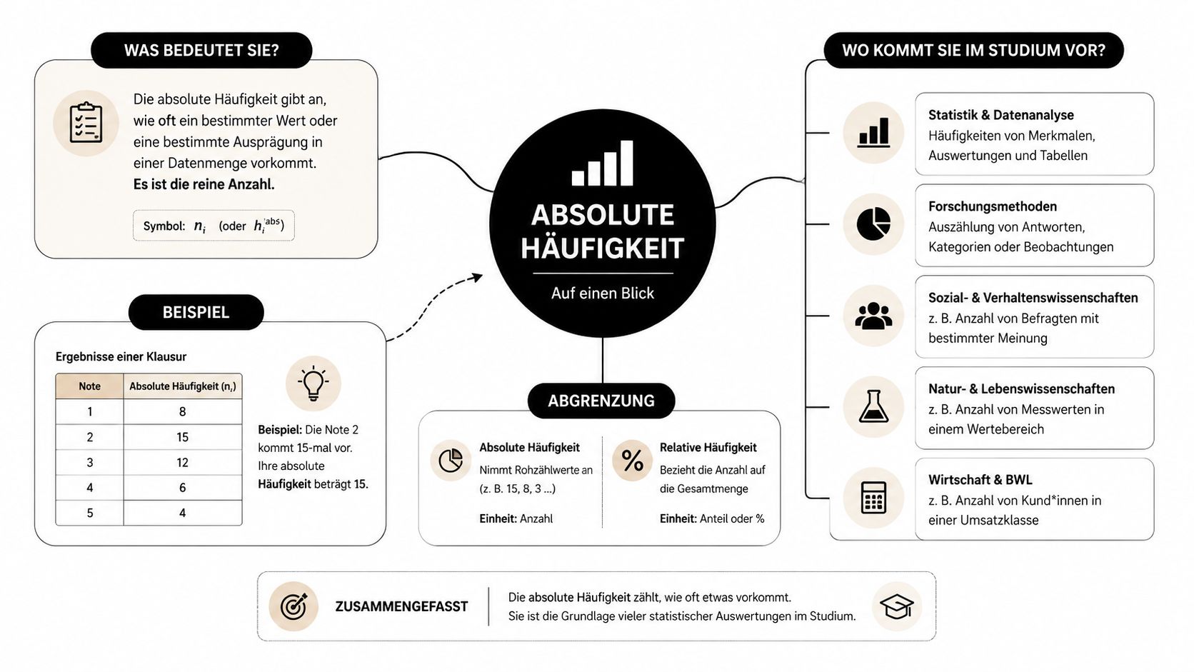 Infografik zur Definition, Anwendung und Abgrenzung der statistischen absoluten Häufigkeit in einem akademischen Umfeld.