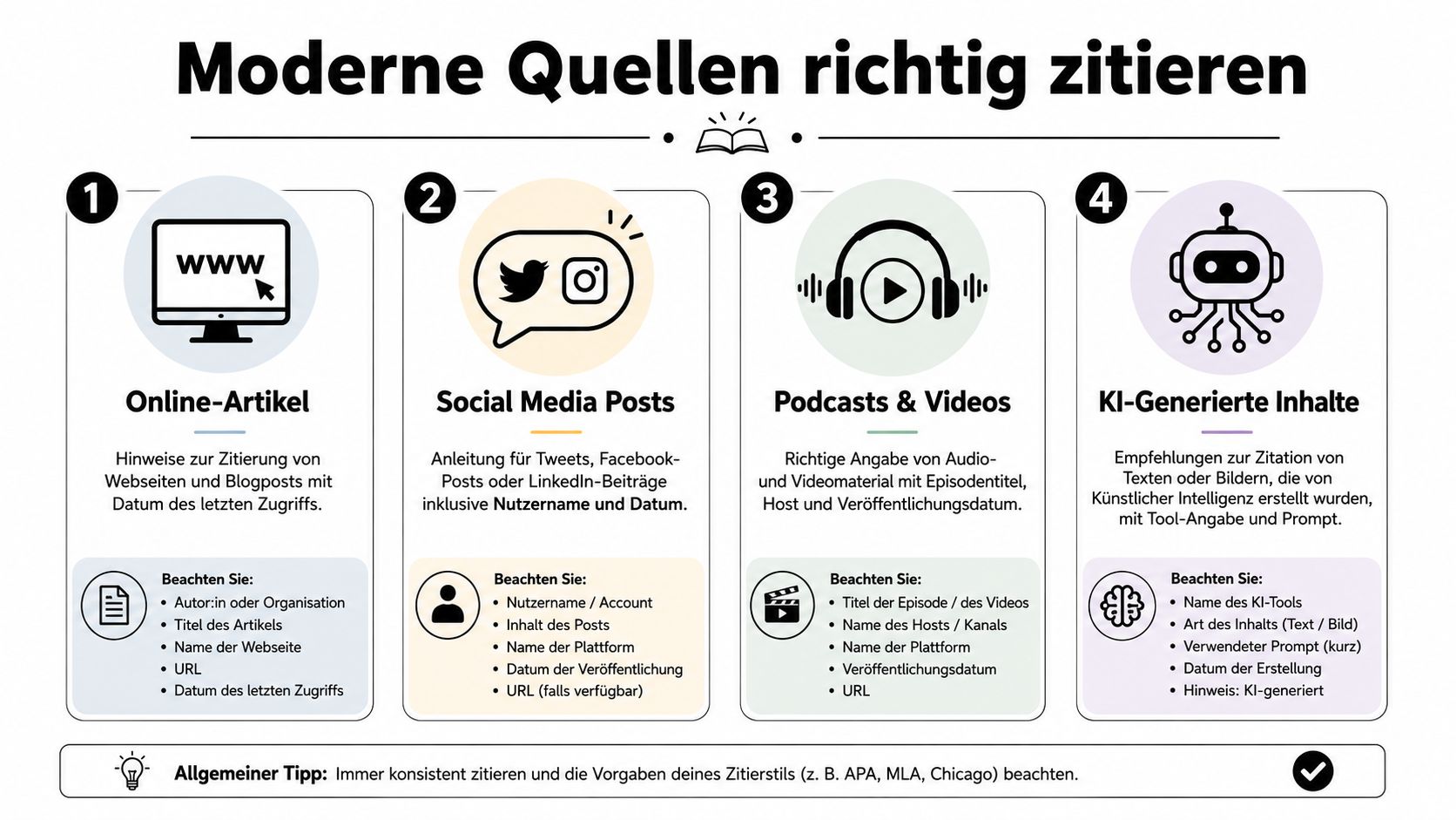 Eine Infografik zur korrekten Zitierweise von Online-Artikeln, Social Media, Podcasts, Videos und KI-generierten Inhalten für wissenschaftliche Arbeiten.