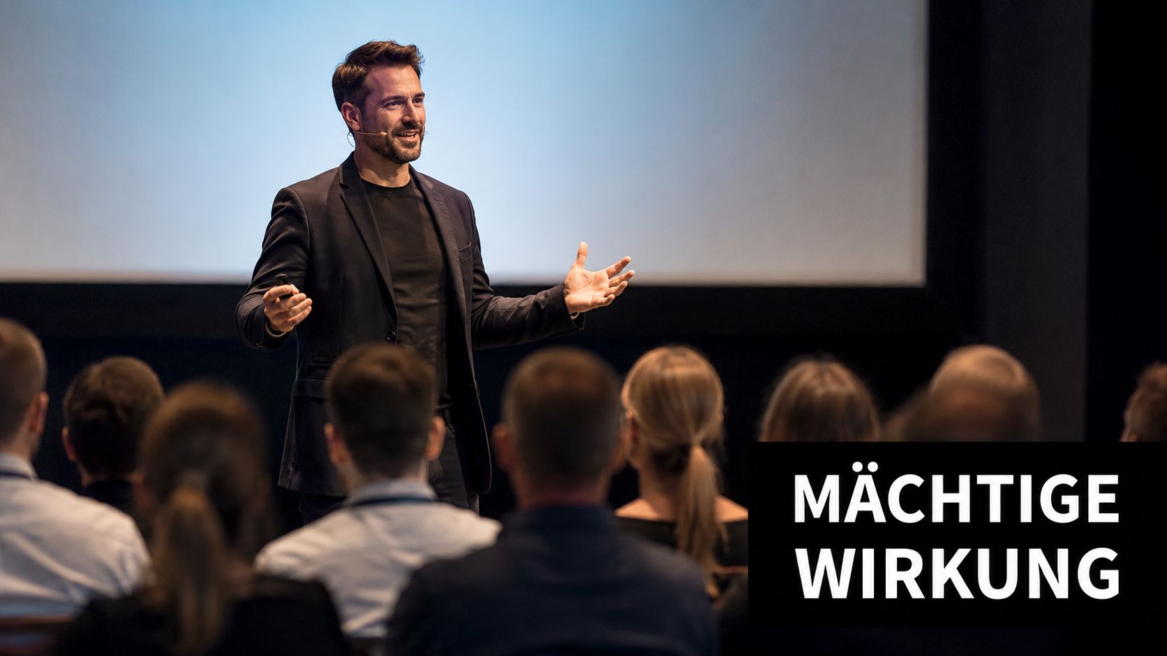 Ein männlicher Redner hält einen Vortrag vor einem Publikum in einem modernen Konferenzsaal mit Textoverlay.